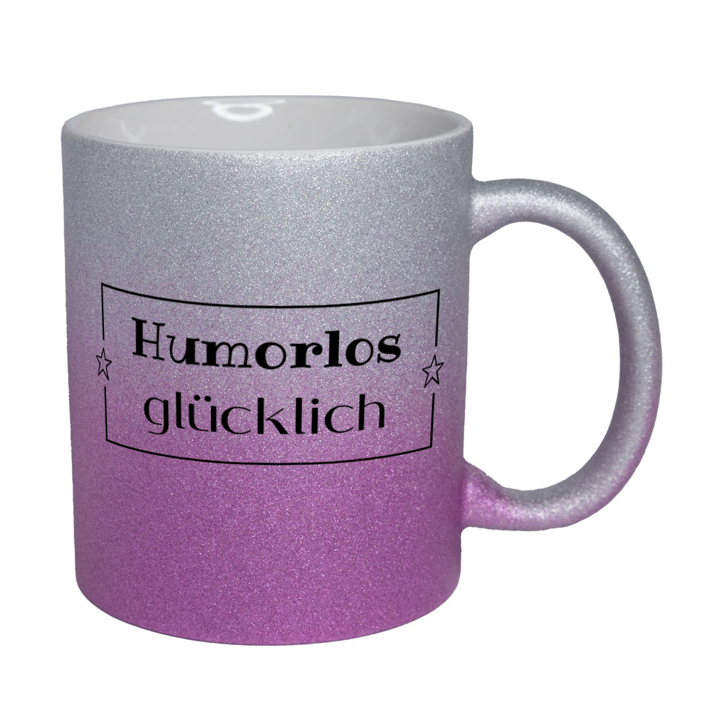 Humorlos glücklich - Glitzertasse - silber-pink