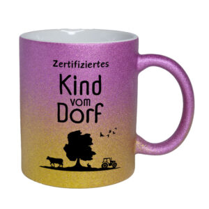 Zertifiziertes Kind vom Dorf - Glitzertasse - pink-gelb
