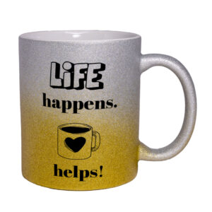 Life happens. Coffee helps! - Glitzertasse - silber-gelb