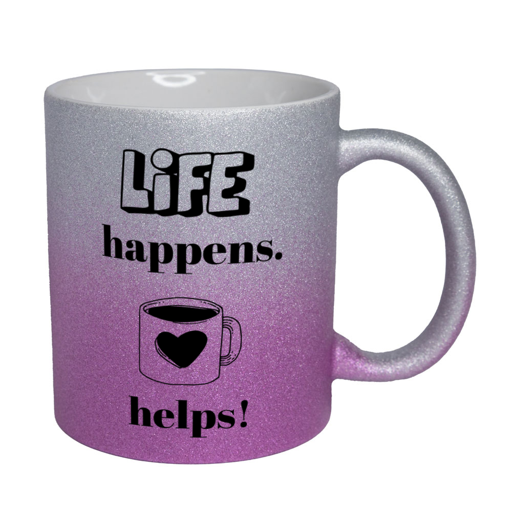 Life happens. Coffee helps! - Glitzertasse - silber-pink