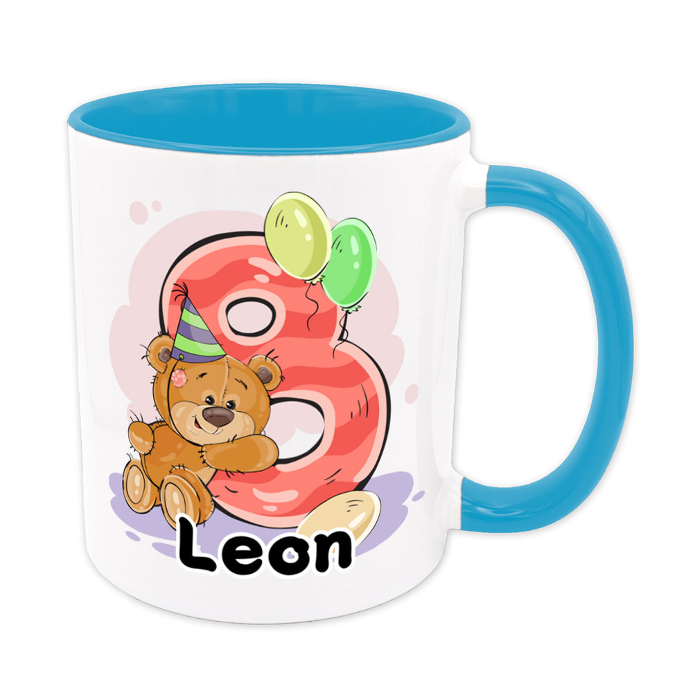 Bärchen-Tasse zum 8. Geburtstag - individualisierbar - Namenstasse - hellblau