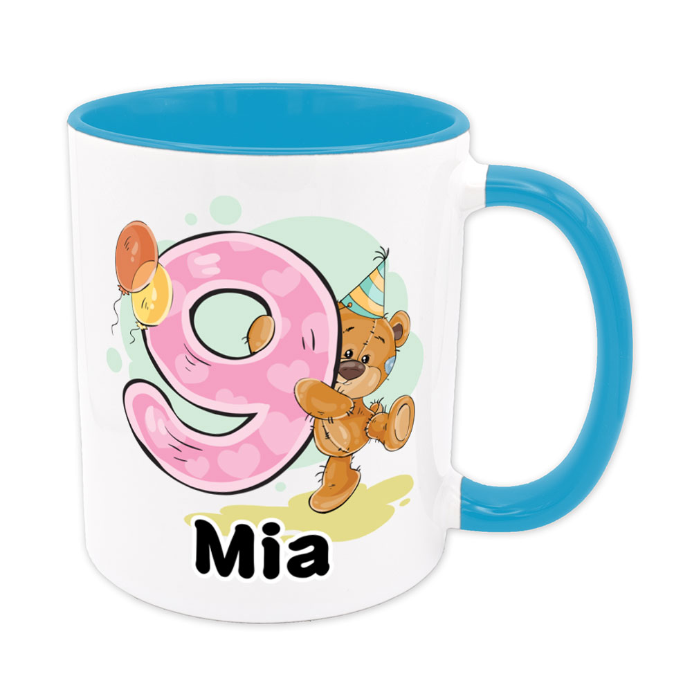 Bärchen-Tasse zum 9. Geburtstag - individualisierbar - Namenstasse - hellblau
