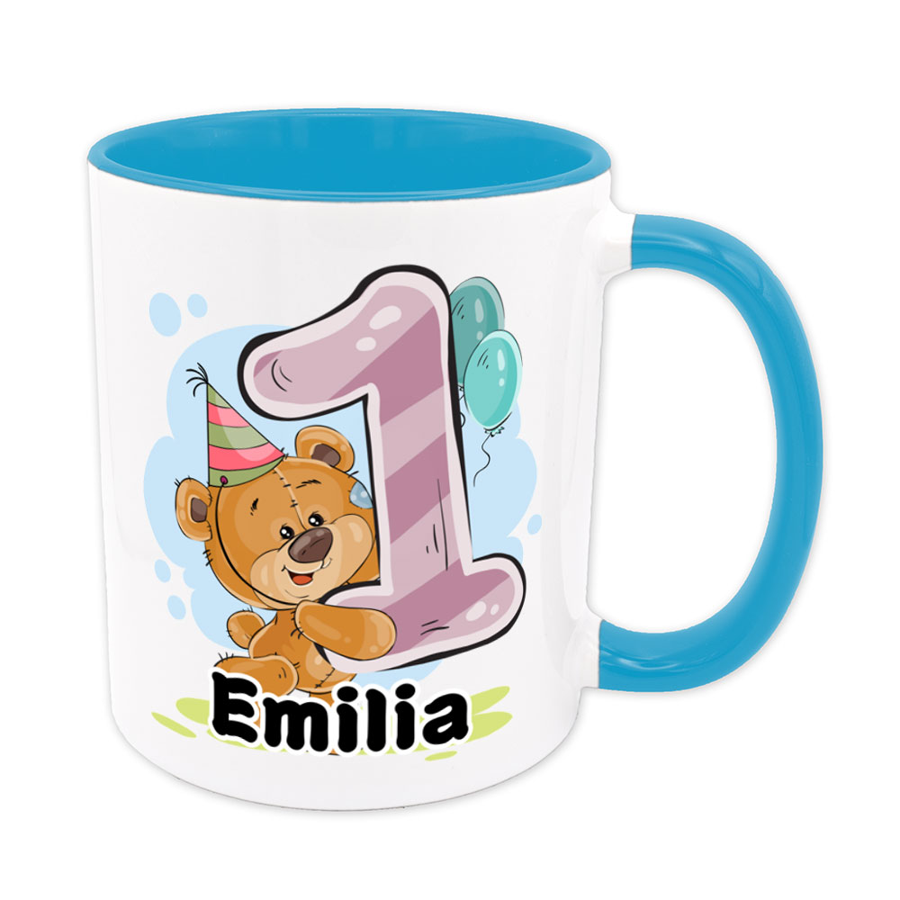 Bärchen-Tasse zum 1. Geburtstag - individualisierbar - Namenstasse - hellblau