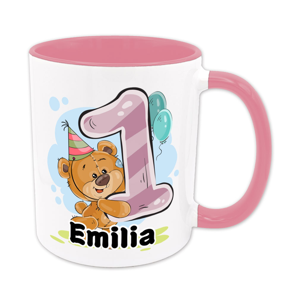 Bärchen-Tasse zum 1. Geburtstag - individualisierbar - Namenstasse - rosa