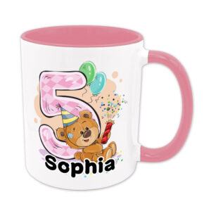 Bärchen-Tasse zum 5. Geburtstag - individualisierbar - Namenstasse - rosa