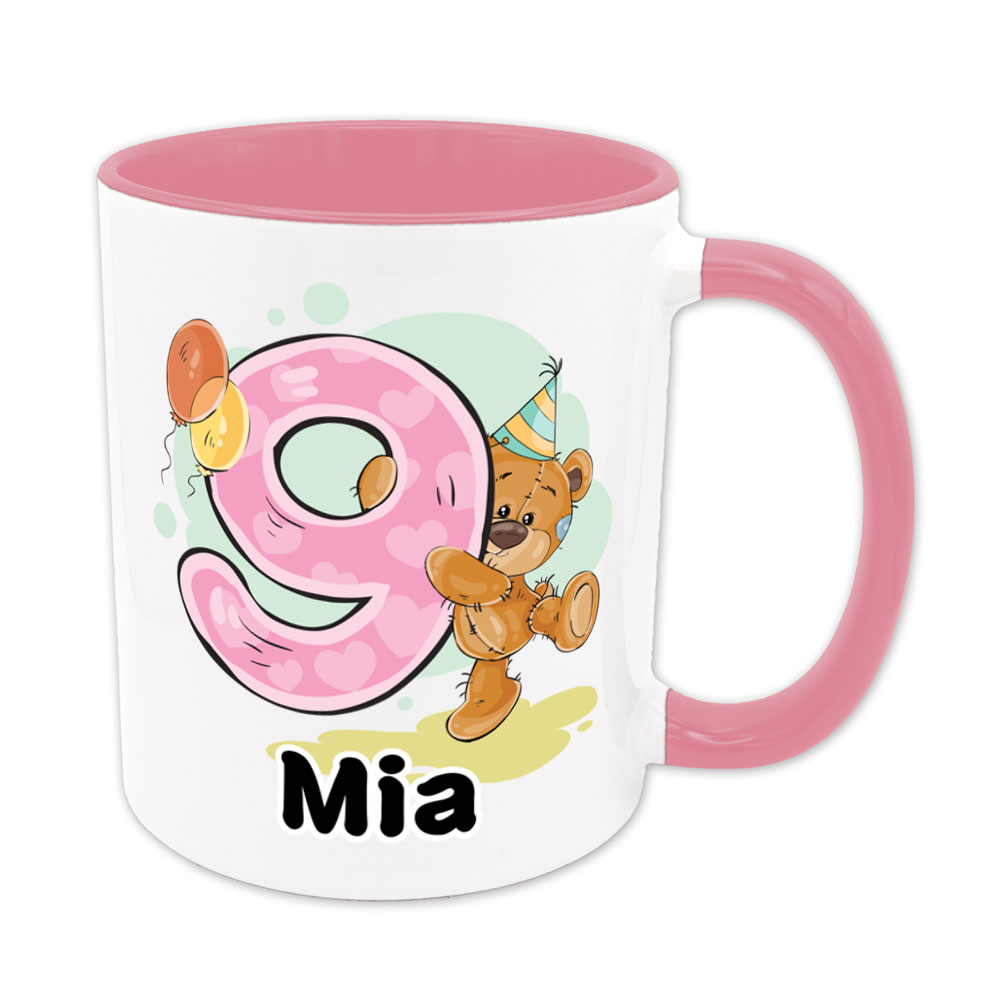 Bärchen-Tasse zum 9. Geburtstag - individualisierbar - Namenstasse - rosa