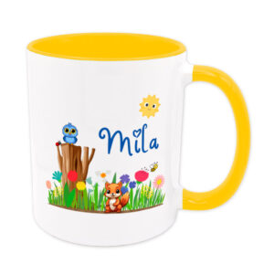 Namenstasse für Kinder - individualisierbar - Eule - Eichhörnchen - gelb