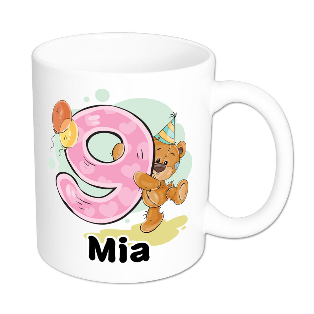 Bärchen-Tasse zum 9. Geburtstag - individualisierbar - Namenstasse - weiss