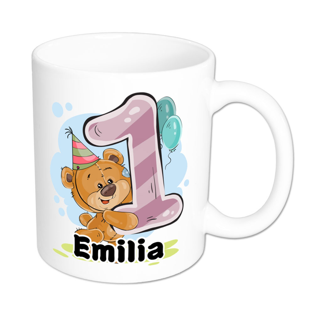 Bärchen-Tasse zum 1. Geburtstag - individualisierbar - Namenstasse - weiss