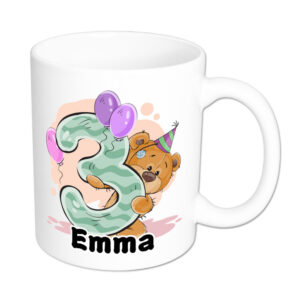 Bärchen-Tasse zum 3. Geburtstag - individualisierbar - Namenstasse - weiss