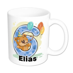 Bärchen-Tasse zum 6. Geburtstag - individualisierbar - Namenstasse - weiss