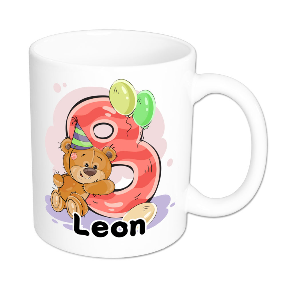 Bärchen-Tasse zum 8. Geburtstag - individualisierbar - Namenstasse - weiss