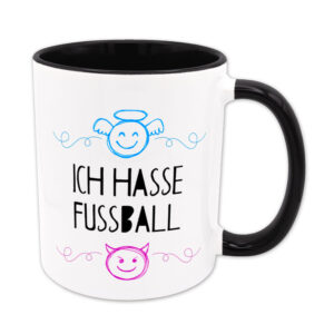 Ich hasse Fußball - lustige Sprüchetasse - schwarz - Engelchen & Teufelchen