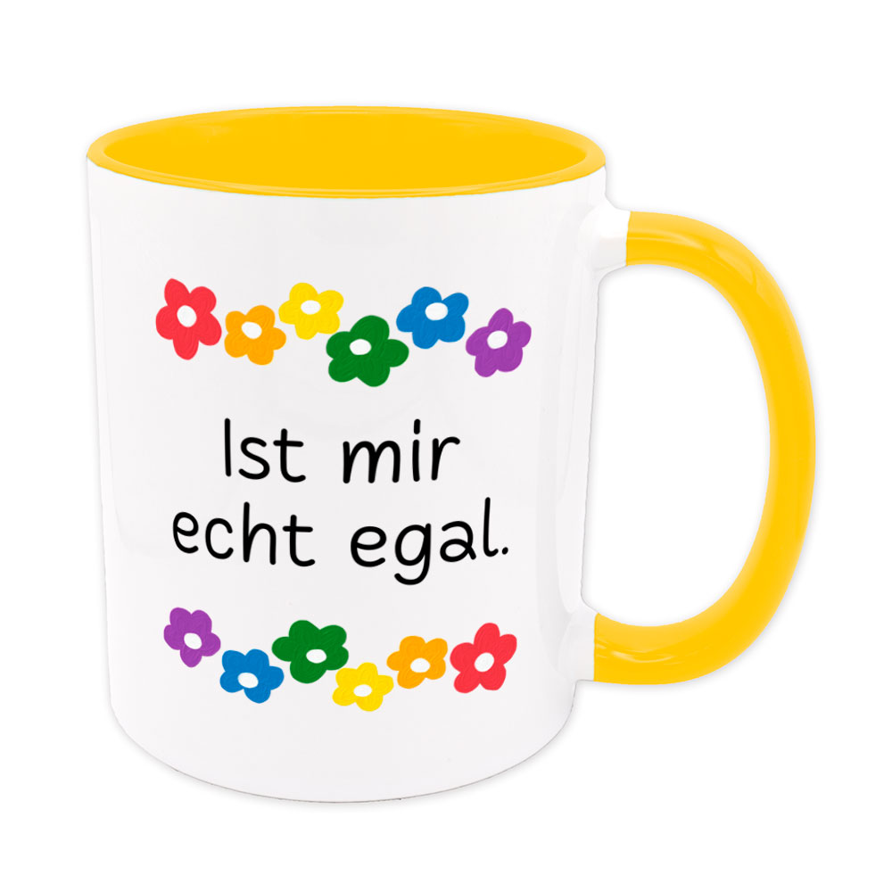 Ist mir echt egal - Blumen - lustige Sprüchetasse - Kaffeebecher - goldgelb