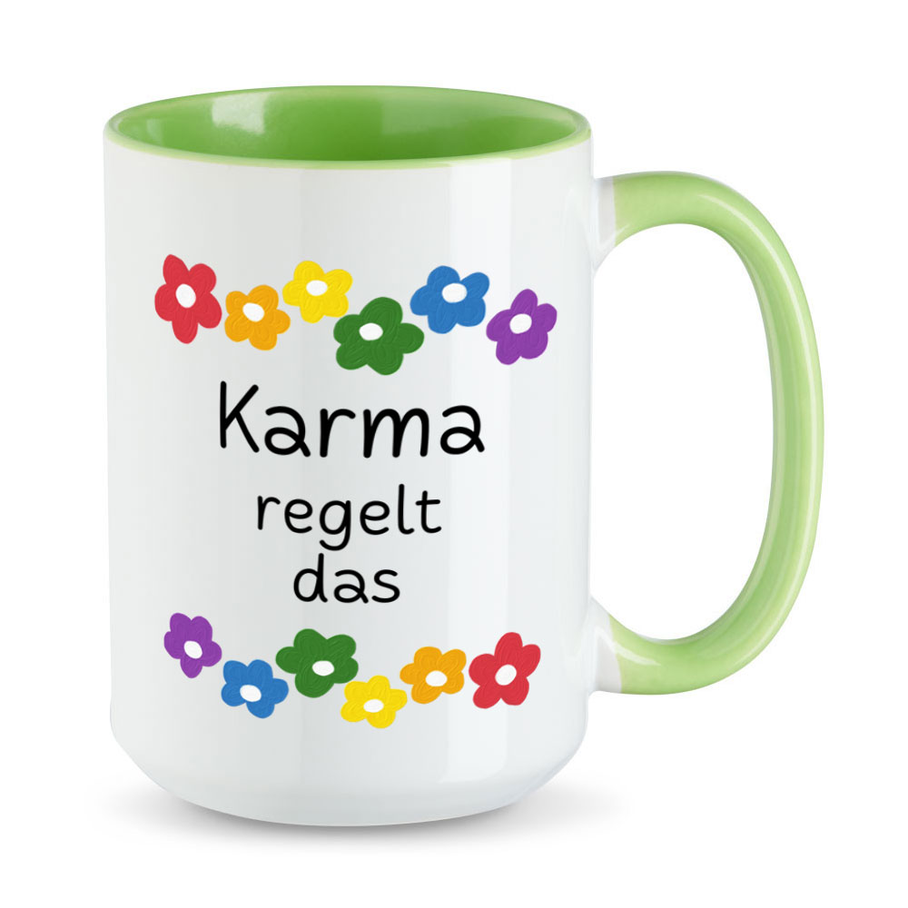 Karma regelt das - Blumen - lustige XL-Sprüchetasse - Kaffeebecher - hellgrün - buntbedruckt.de