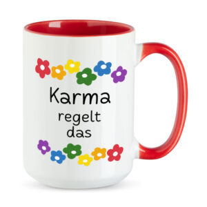 Karma regelt das - Blumen - lustige XL-Sprüchetasse - Kaffeebecher - rot - buntbedruckt.de