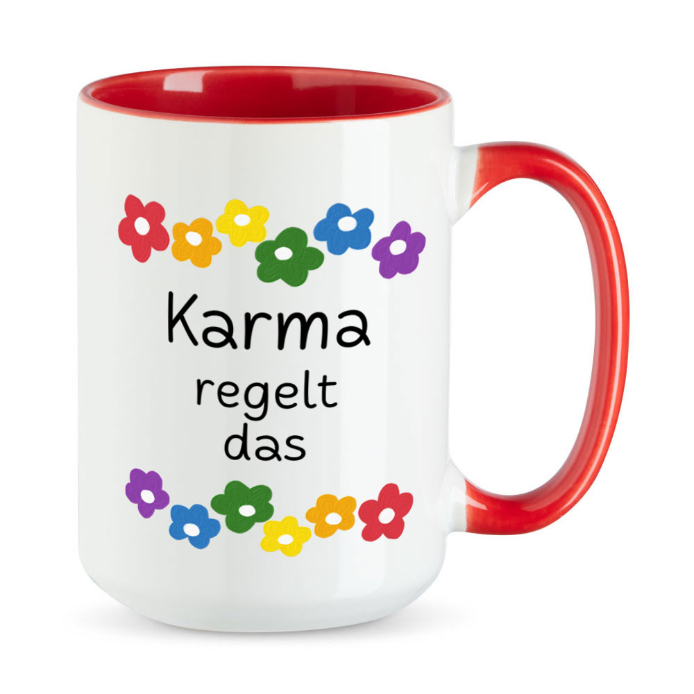 Karma regelt das - Blumen - lustige XL-Sprüchetasse - Kaffeebecher - rot - buntbedruckt.de