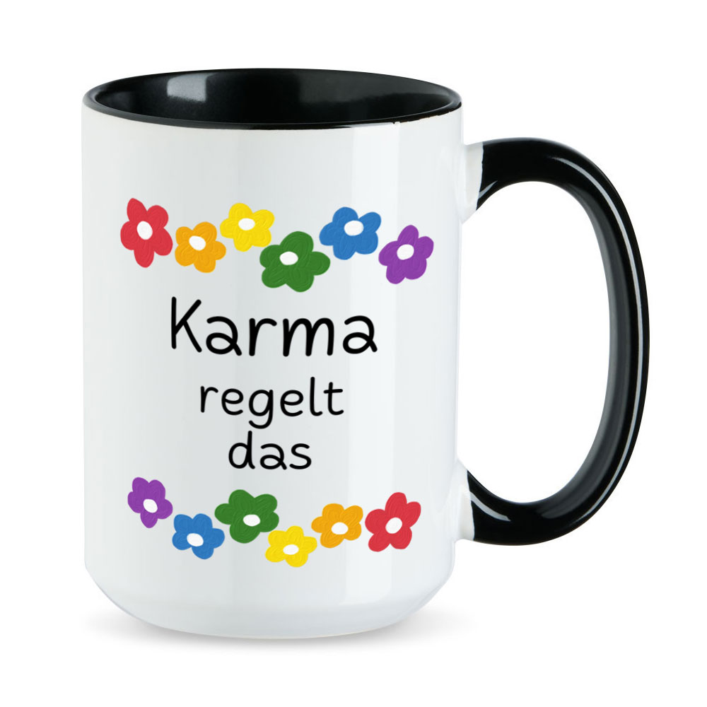 Karma regelt das - Blumen - lustige XL-Sprüchetasse - Kaffeebecher - schwarz - buntbedruckt.de