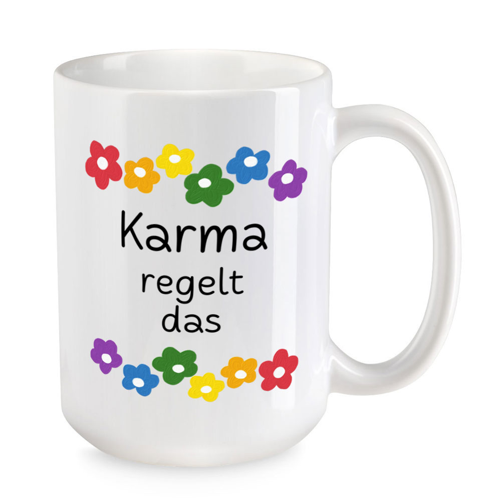 Karma regelt das - Blumen - lustige XL-Sprüchetasse - Kaffeebecher - weiss - buntbedruckt.de