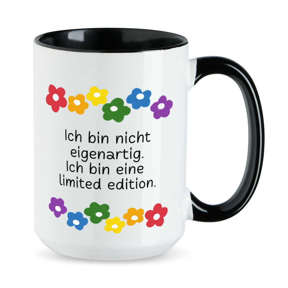 Ich bin eine limited edition. - Blumen - witzige XL-Sprüchetasse - schwarz
